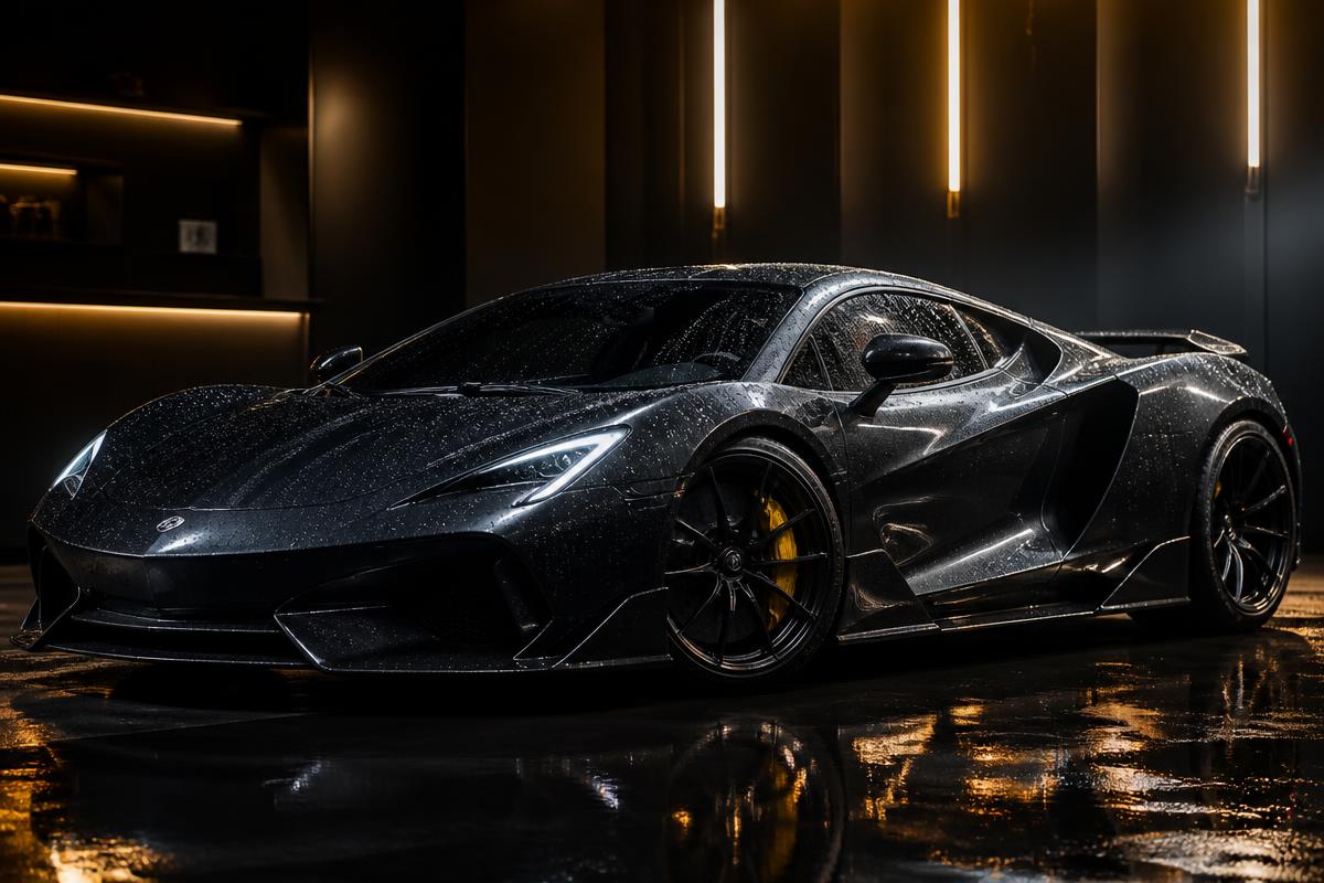 Ceramic-coated exotic car in a private detailing studio