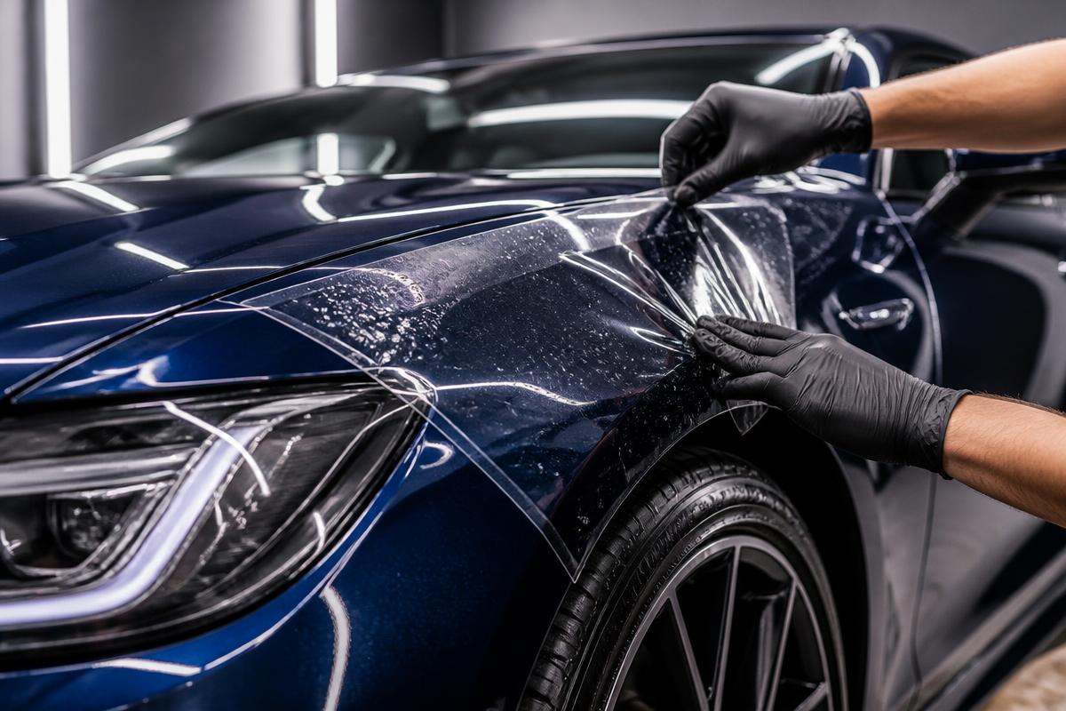Paint protection film installation on luxury coupe