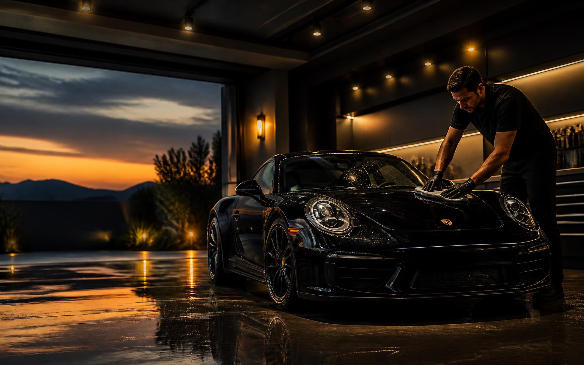 Black sports car receiving an exterior detail